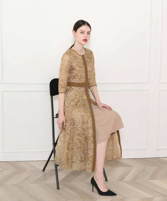 花柄刺繍パイピングキラキラセットアップフレアロングドレスワンピース美脚効果結婚式 パーティードレス