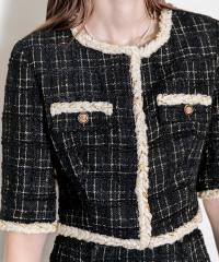 ツイード柄半袖ジャケット釦セットアップロング丈マーメイドスカートドレス美脚効果結婚式 パーティードレス