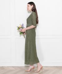 レースビッグカラー花柄刺繍ウエストマークロングフレアドレスワンピース美脚効果結婚式 パーティードレス