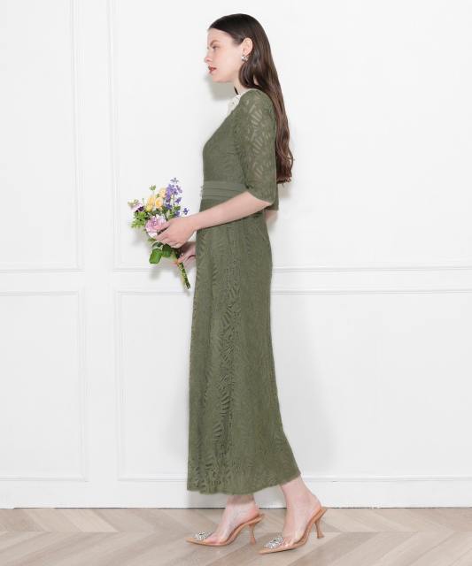 レースビッグカラー花柄刺繍ウエストマークロングフレアドレスワンピース美脚効果結婚式 パーティードレス