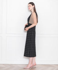 LEJA-インナーシアーブラウスセット刺繍チェックジャンスカロング丈ドレスワンピース美脚効果結婚式 パーティードレス