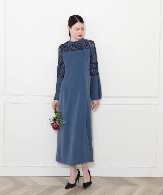 レース切替スリットAラインロングドレスワンピース美脚効果結婚式 パーティードレス