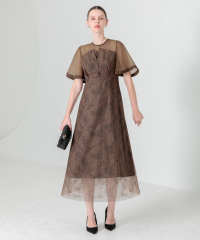 花柄刺繍オーガンジーレース切替えビスチェ風チュールロング丈美脚効果ドレス結婚式 パーティードレス