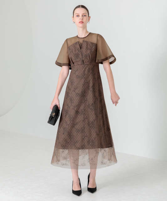 花柄刺繍オーガンジーレース切替えビスチェ風チュールロング丈美脚効果ドレス結婚式 パーティードレス