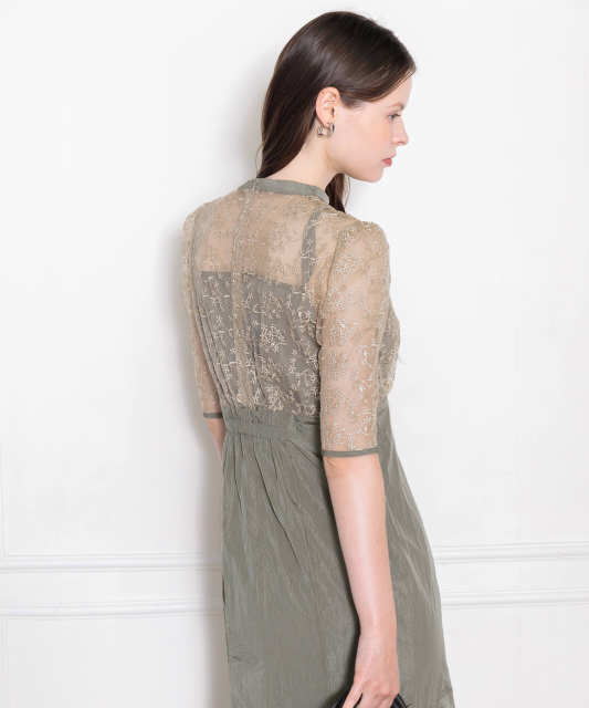 レース花柄透け切り替えロング丈マーメイドフレアドレスワンピース結婚式 パーティードレス