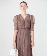 花柄総レースパフスリーブウエストリボンキャミワンピースセットアップ美脚効果ドレス結婚式 パーティードレス