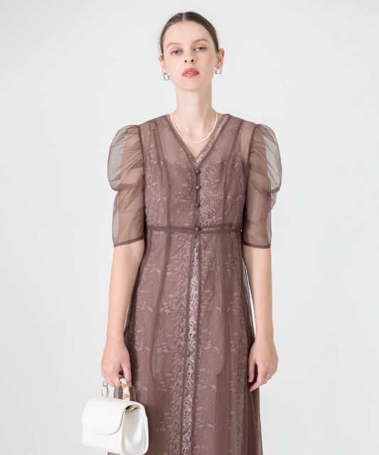 花柄総レースパフスリーブウエストリボンキャミワンピースセットアップ美脚効果ドレス結婚式 パーティードレス