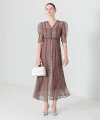 LEJA-花柄総レースパフスリーブウエストリボンキャミワンピースセットアップ美脚効果ドレス結婚式 パーティードレス