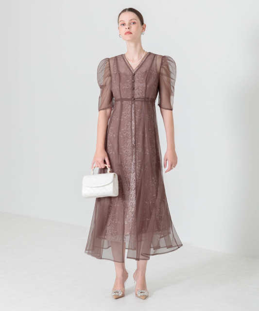 LEJA-花柄総レースパフスリーブウエストリボンキャミワンピースセットアップ美脚効果ドレス結婚式 パーティードレス