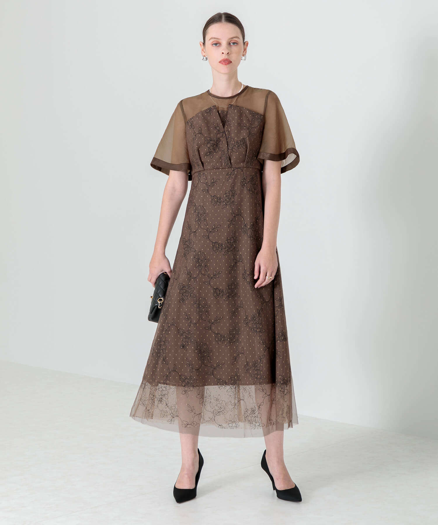 花柄刺繍オーガンジーレース切替えビスチェ風チュールロング丈美脚効果ドレス結婚式 パーティードレス