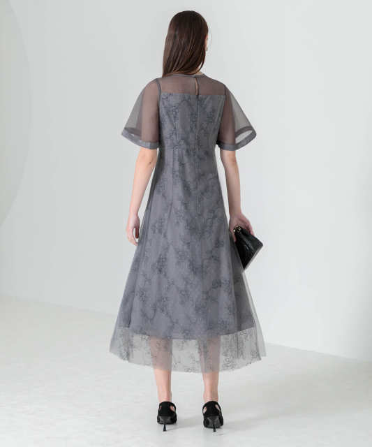 花柄刺繍オーガンジーレース切替えビスチェ風チュールロング丈美脚効果ドレス結婚式 パーティードレス