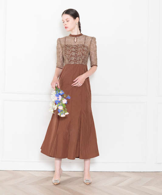 LEJA-レース花柄透け切り替えロング丈マーメイドフレアドレスワンピース結婚式 パーティードレス