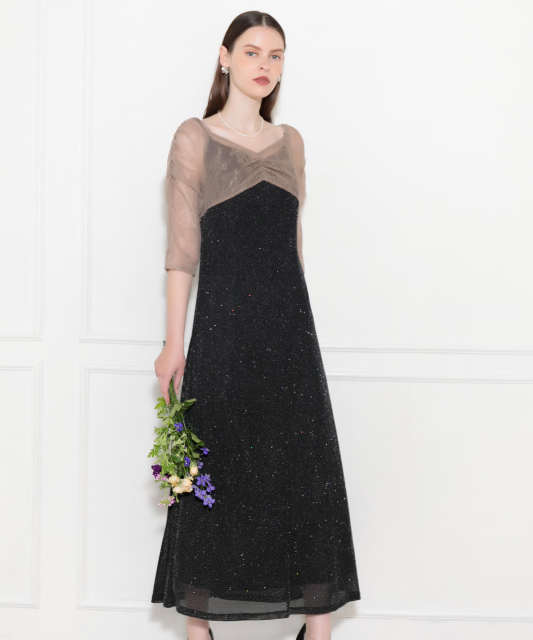 レース切替透けキラキラAラインロングドレスワンピース美脚効果結婚式 パーティードレス