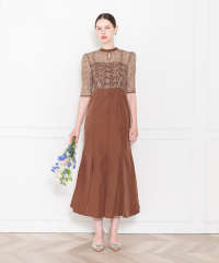 LEJA-レース花柄透け切り替えロング丈マーメイドフレアドレスワンピース結婚式 パーティードレス