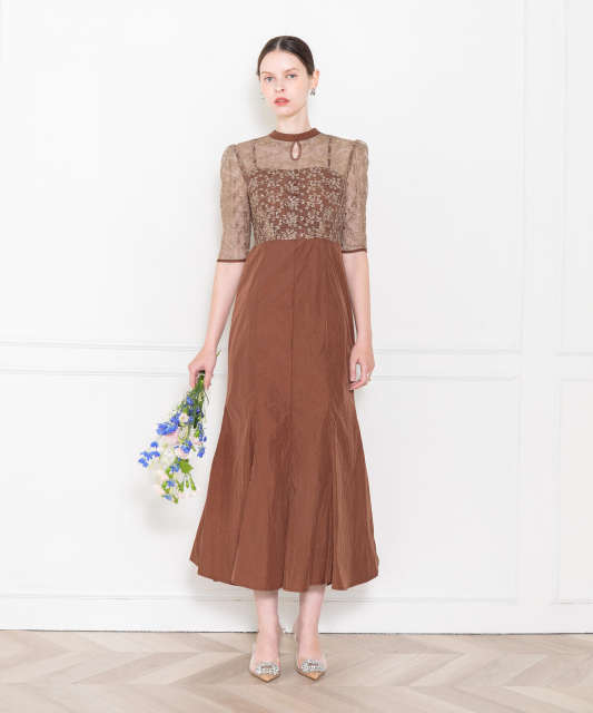 LEJA-レース花柄透け切り替えロング丈マーメイドフレアドレスワンピース結婚式 パーティードレス