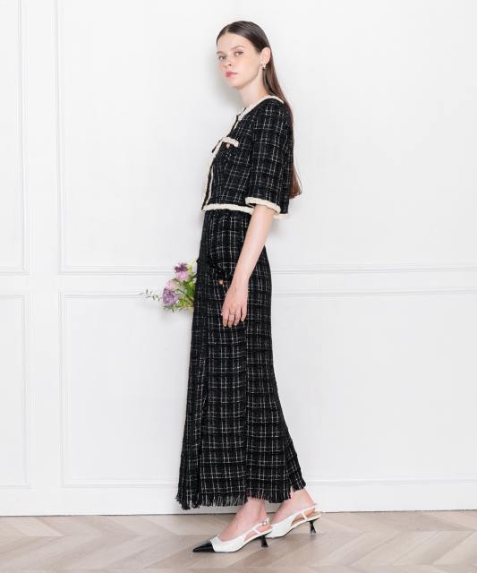 LEJA-ツイード柄半袖ジャケット釦セットアップロング丈マーメイドスカートドレス美脚効果結婚式 パーティードレス