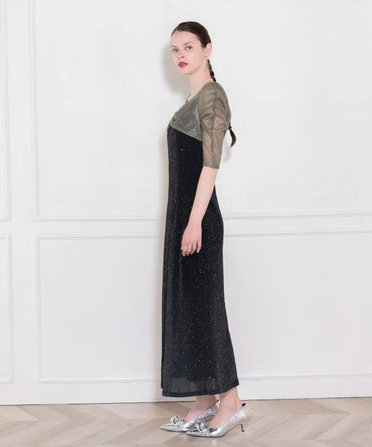 レース切替透けキラキラAラインロングドレスワンピース美脚効果結婚式 パーティードレス