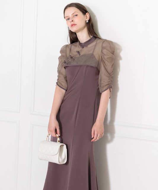 LEJA-透け感チャイナトップス付きロング丈キャミソールセットアップワンピースドレス美脚効果結婚式 パーティードレス