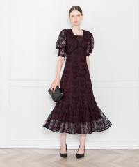 LEJA-配色パイピング総レース花柄パフスリーブワンピースロングドレス美脚効果結婚式 パーティードレス