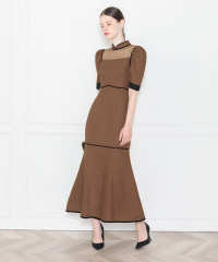 LEJA-ワッフル生地パフスリーブ配色パイピングマーメイドロング丈ドレスワンピース美脚効果結婚式 パーティードレス