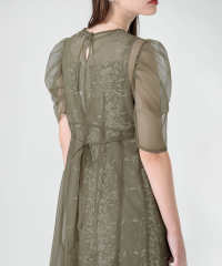 LEJA-花柄総レースパフスリーブウエストリボンキャミワンピースセットアップ美脚効果ドレス結婚式 パーティードレス