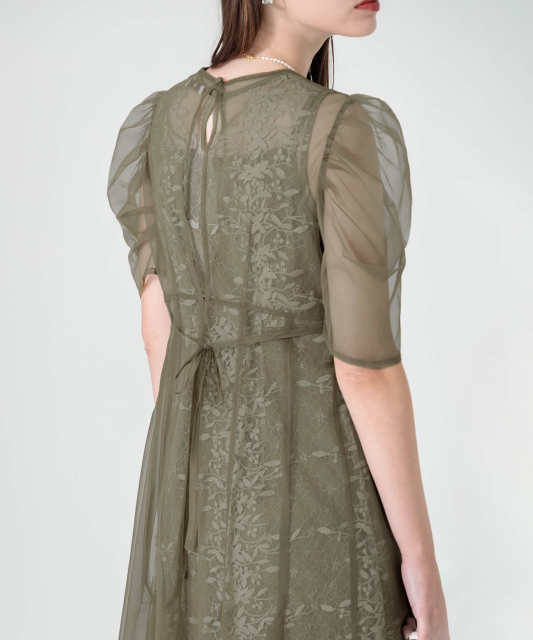 LEJA-花柄総レースパフスリーブウエストリボンキャミワンピースセットアップ美脚効果ドレス結婚式 パーティードレス