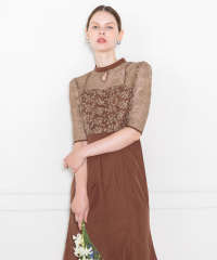 LEJA-レース花柄透け切り替えロング丈マーメイドフレアドレスワンピース結婚式 パーティードレス