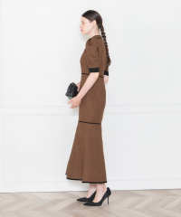 LEJA-ワッフル生地パフスリーブ配色パイピングマーメイドロング丈ドレスワンピース美脚効果結婚式 パーティードレス