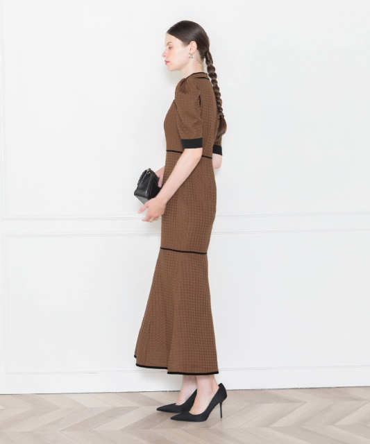 LEJA-ワッフル生地パフスリーブ配色パイピングマーメイドロング丈ドレスワンピース美脚効果結婚式 パーティードレス