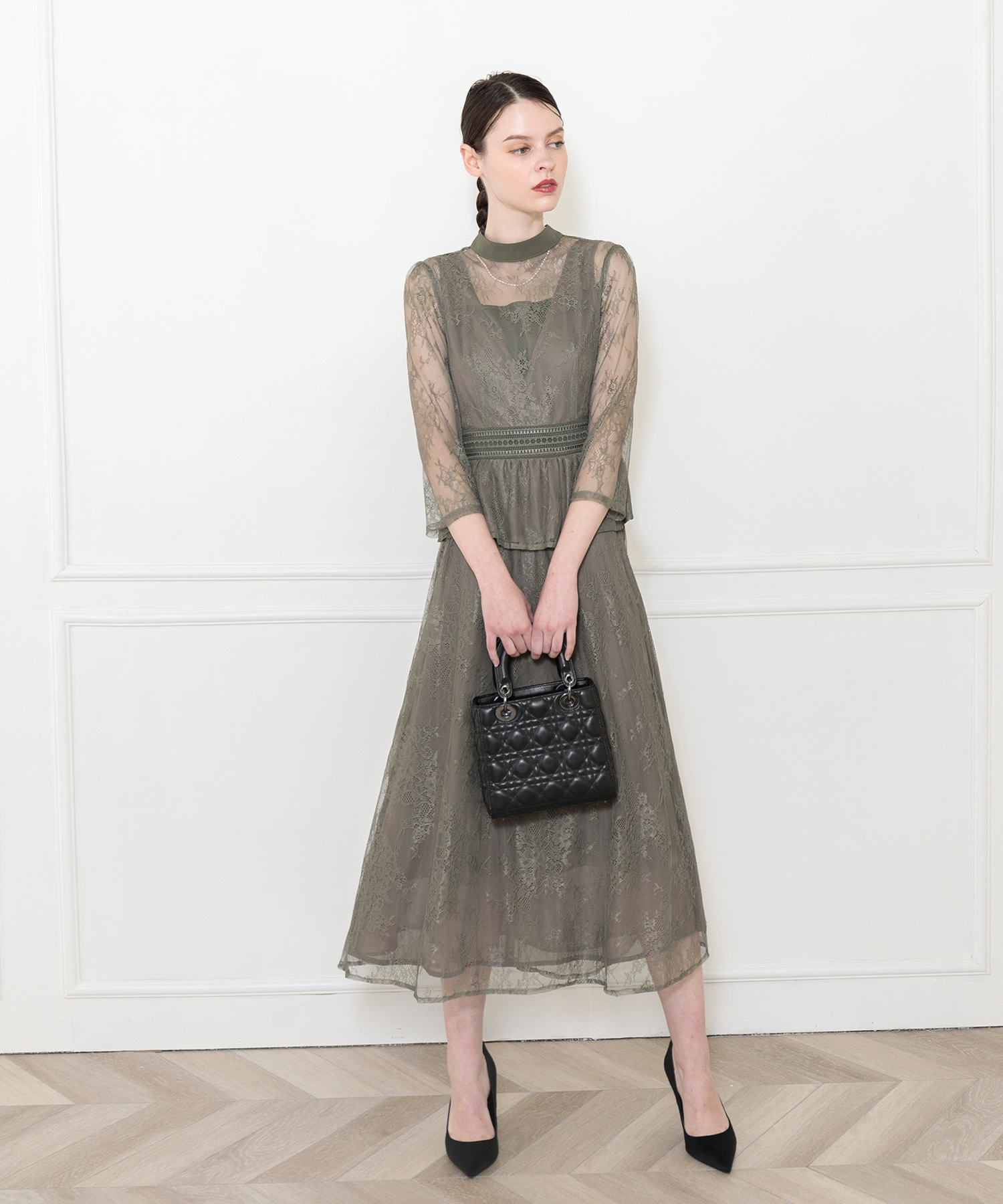 【LEJA】ビスチェ風レース花柄透けフレア美脚効果ロングワンピースドレス結婚式 ビスチェ風レース花柄透けフレア美脚効果ロングワンピースドレス