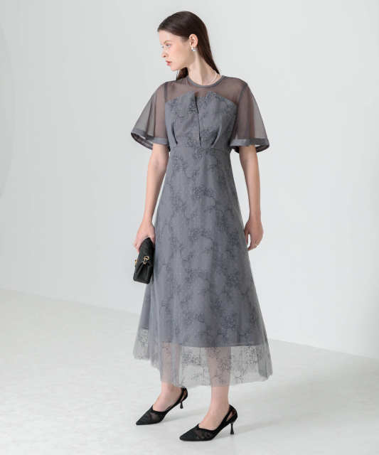 花柄刺繍オーガンジーレース切替えビスチェ風チュールロング丈美脚効果ドレス結婚式 パーティードレス