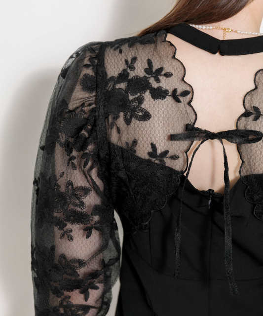 LEJA-プチハイネック後ろリボンボレロ風花柄レース異素材切替パンツドレス美脚効果結婚式 パーティードレス
