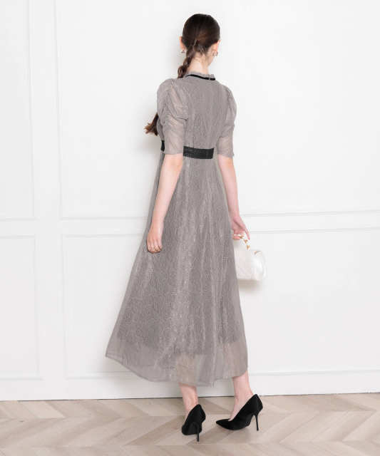 LEJA-ウエストマークパフスリーブ総レースロングドレスワンピース美脚効果結婚式 パーティードレス
