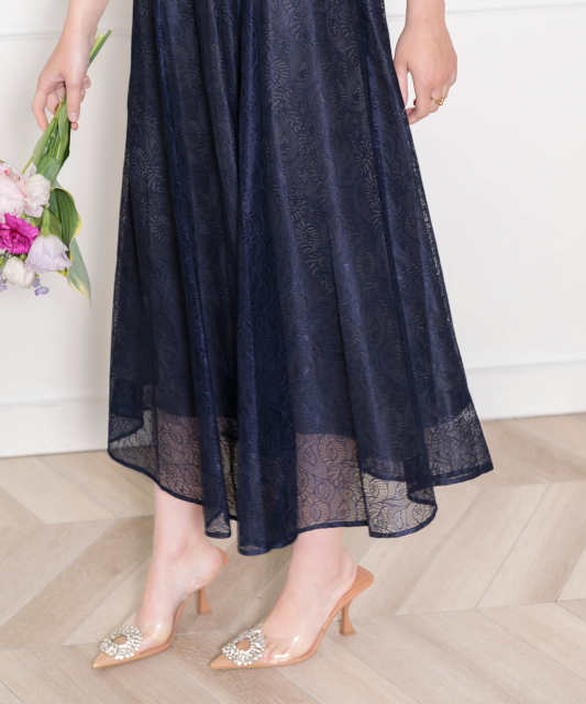 LEJA-ウエストマークパフスリーブ総レースロングドレスワンピース美脚効果結婚式 パーティードレス