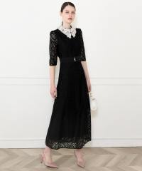 レースビッグカラー花柄刺繍ウエストマークロングフレアドレスワンピース美脚効果結婚式 パーティードレス