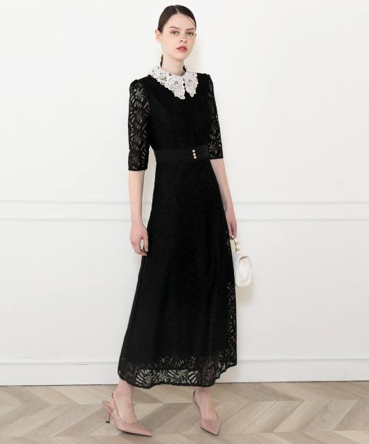 レースビッグカラー花柄刺繍ウエストマークロングフレアドレスワンピース美脚効果結婚式 パーティードレス