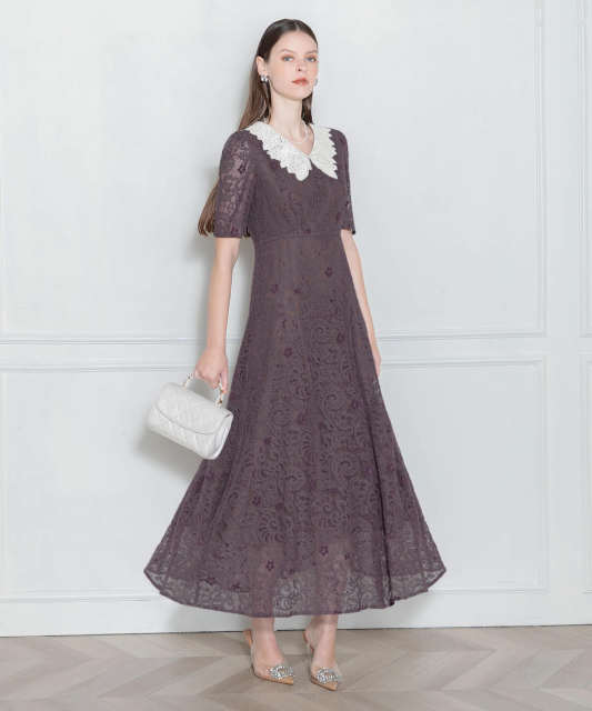 LEJA-刺繍レース襟付きハイウエスト切り替えAラインワンピース美脚効果ドレス結婚式 パーティードレス