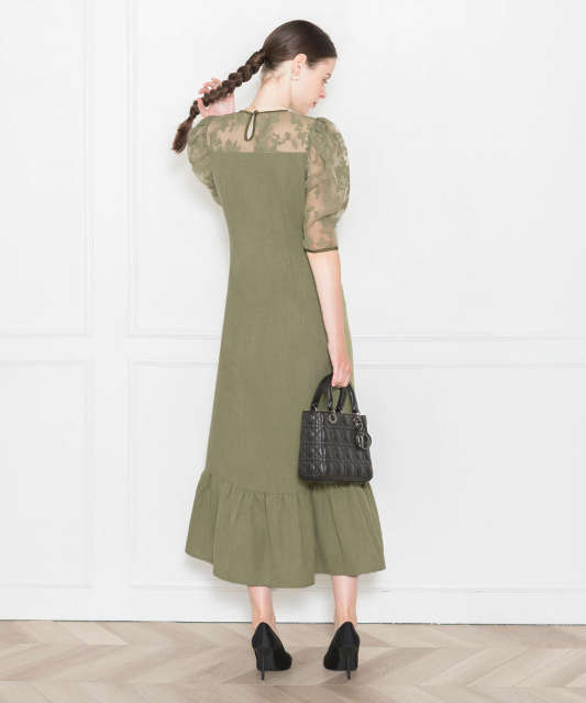 LEJA-花柄レースパフスリーブ裾フレア異素材切替ワンピース美脚効果ドレス結婚式 パーティードレス