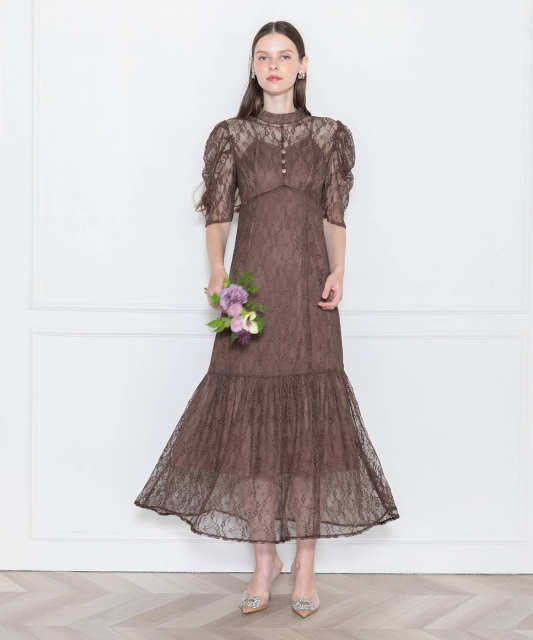 LEJA-パフスリーブウエストリボン総レースキャミソールワンピースマーメイドロングドレス美脚効果結婚式 パーティードレス