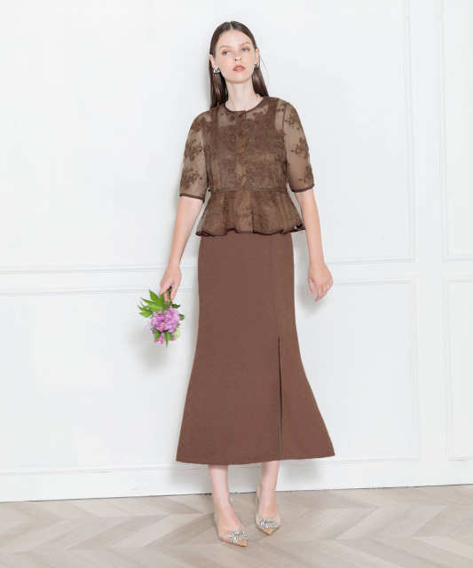 LEJA-配色パイピング花柄レースペプラムセットアップワンピース美脚効果セットアップドレス結婚式 パーティードレス