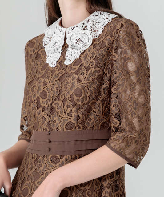 レースビッグカラー花柄刺繍ウエストマークロングフレアドレスワンピース美脚効果結婚式 パーティードレス
