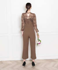 LEJA-プチハイネック後ろリボンボレロ風花柄レース異素材切替パンツドレス美脚効果結婚式 パーティードレス