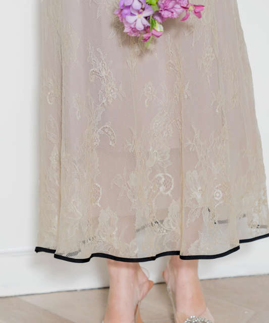 LEJA-総レースバックオープン配色パイピングウエストリボン美脚効果ドレス結婚式 パーティードレス