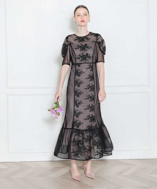 LEJA-異素材レースパフスリーブ切り替えウエストリボン美脚効果ドレス結婚式 パーティードレス