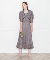 LEJA-配色パイピング総レース花柄パフスリーブワンピースロングドレス美脚効果結婚式 パーティードレス