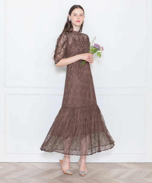 LEJA-パフスリーブウエストリボン総レースキャミソールワンピースマーメイドロングドレス美脚効果結婚式 パーティードレス