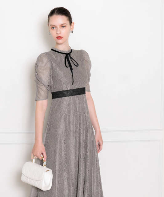 LEJA-ウエストマークパフスリーブ総レースロングドレスワンピース美脚効果結婚式 パーティードレス