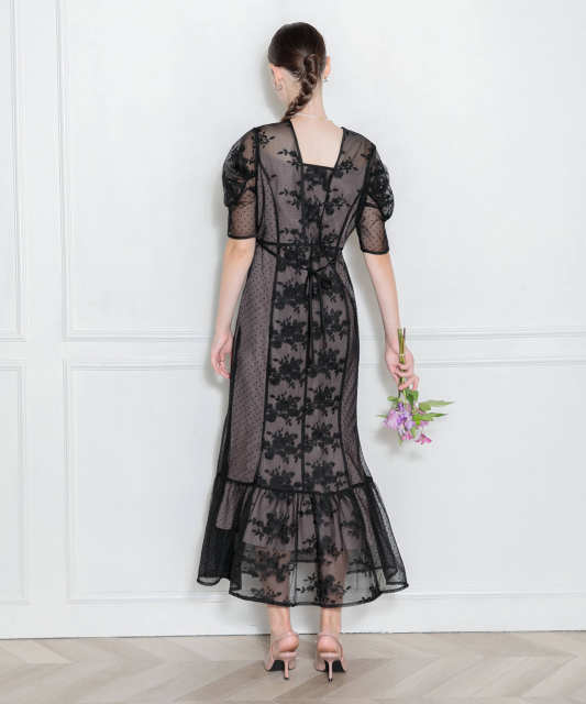 LEJA-異素材レースパフスリーブ切り替えウエストリボン美脚効果ドレス結婚式 パーティードレス