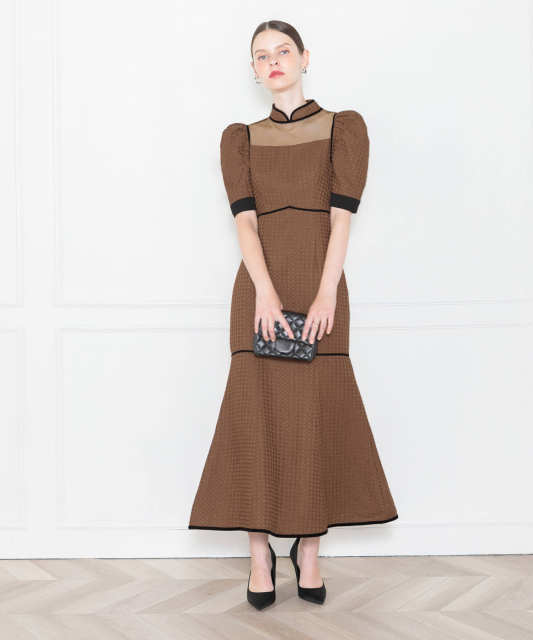 LEJA-ワッフル生地パフスリーブ配色パイピングマーメイドロング丈ドレスワンピース美脚効果結婚式 パーティードレス