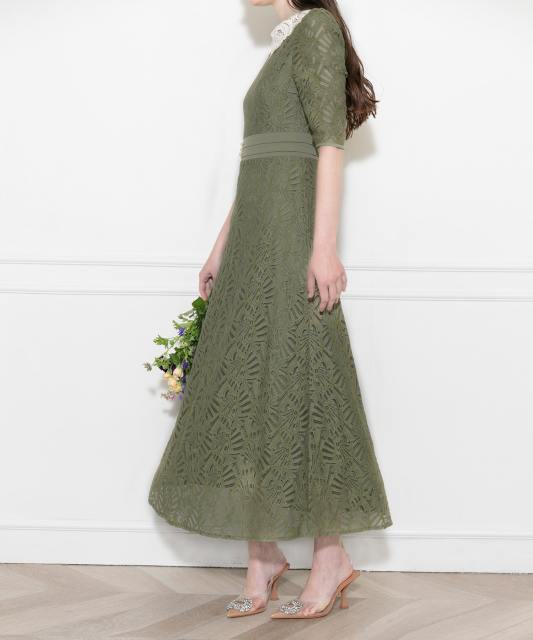 レースビッグカラー花柄刺繍ウエストマークロングフレアドレスワンピース美脚効果結婚式 パーティードレス